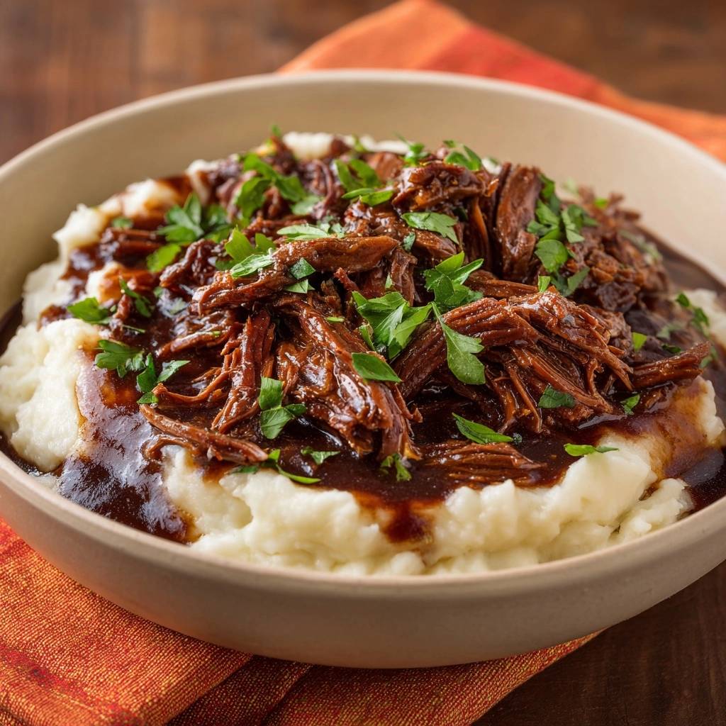 Slow cooked braised beef and mashed potatoes served in a bowl, garnished with parsley, presented in a close-up view.