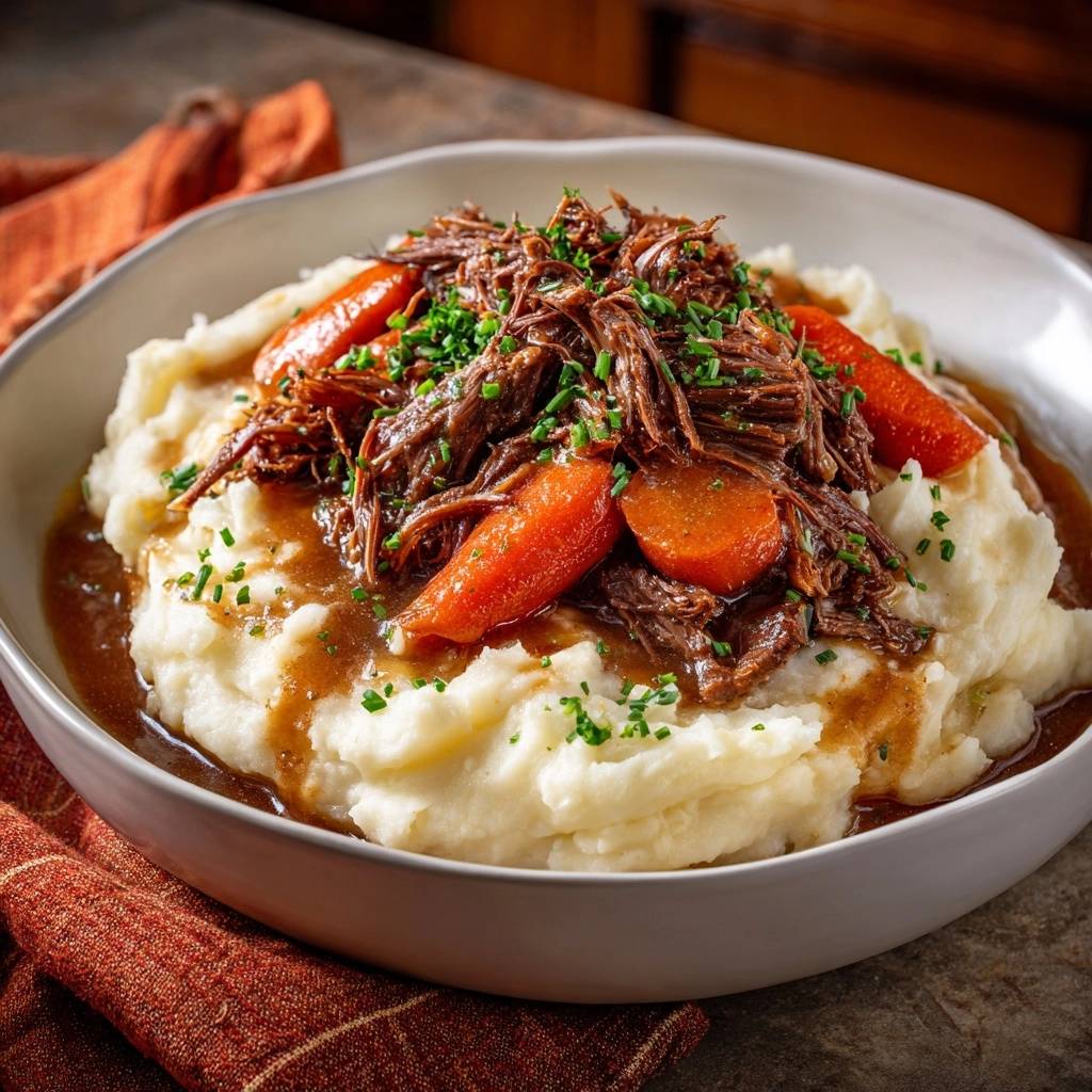 Slow-simmered pot roast and mashed potatoes topped with carrots and chives in a white bowl.