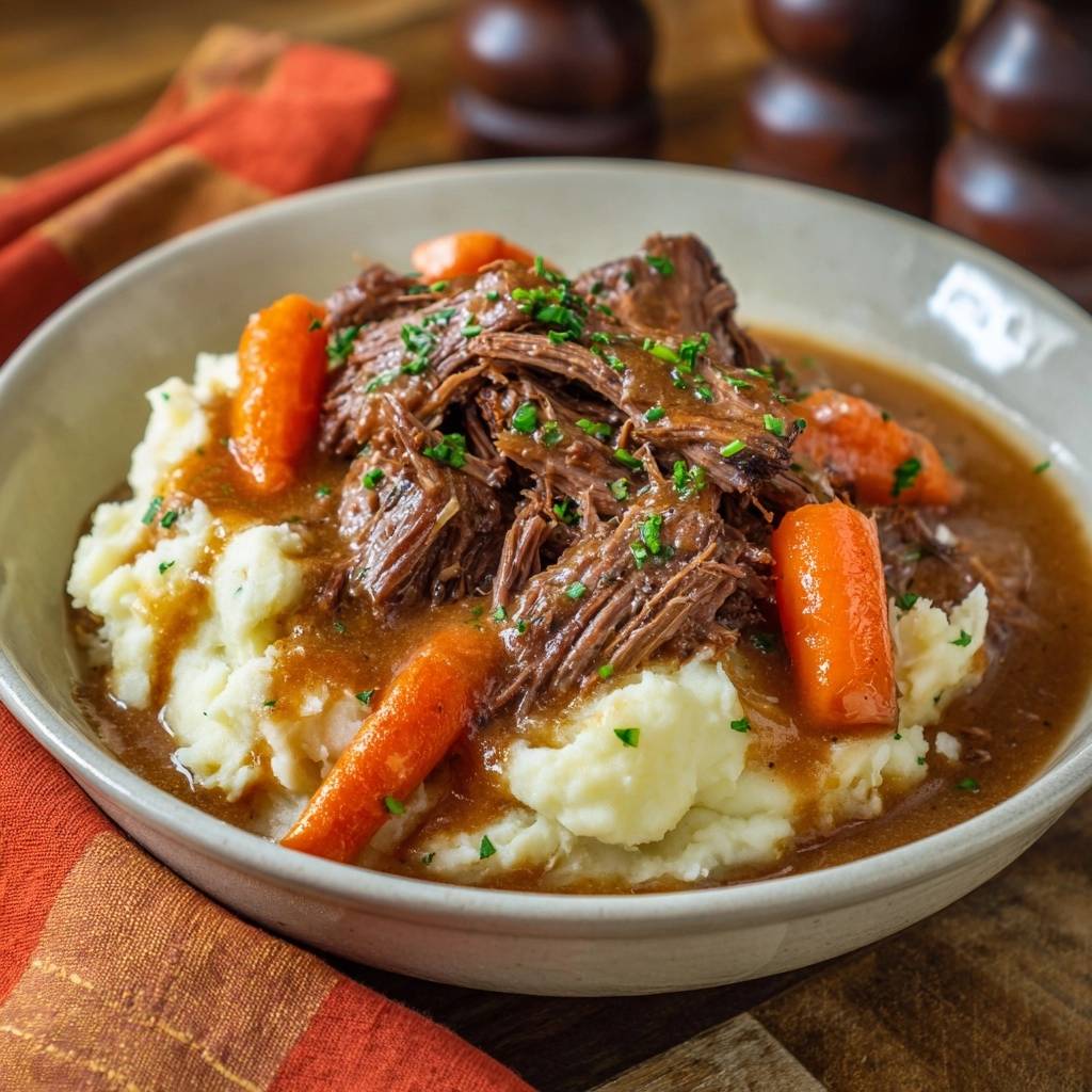 Slow-simmered pot roast and mashed potatoes with carrots served in a rustic bowl, garnished with herbs.