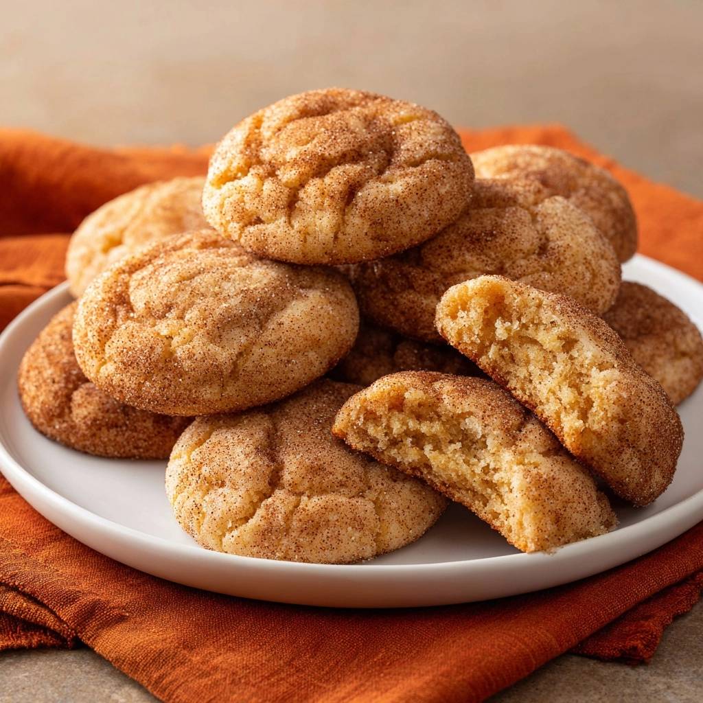Perfect snickerdoodles piled high on a white plate, with one cookie broken open to show its chewy interior.