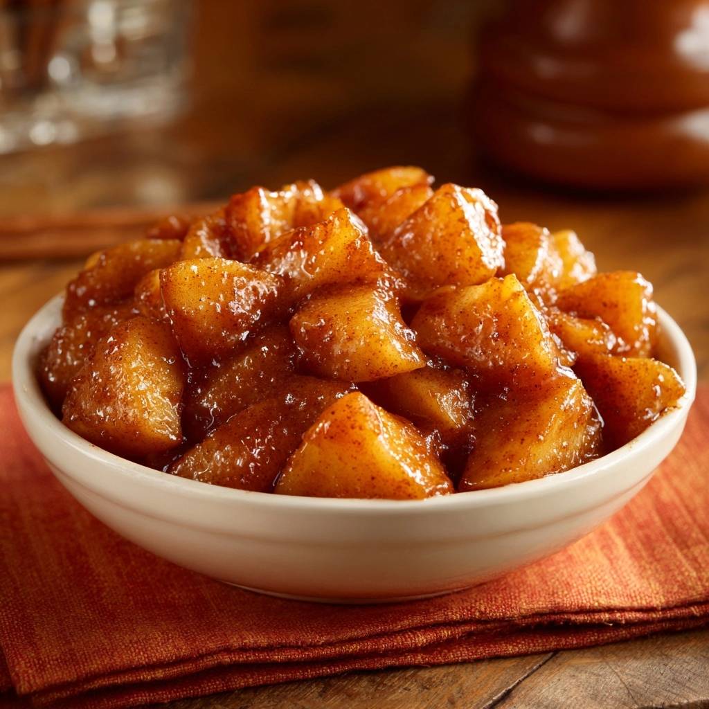 Southern Style Skillet Cinnamon Apples served warm in a white bowl, showcasing their syrupy texture.