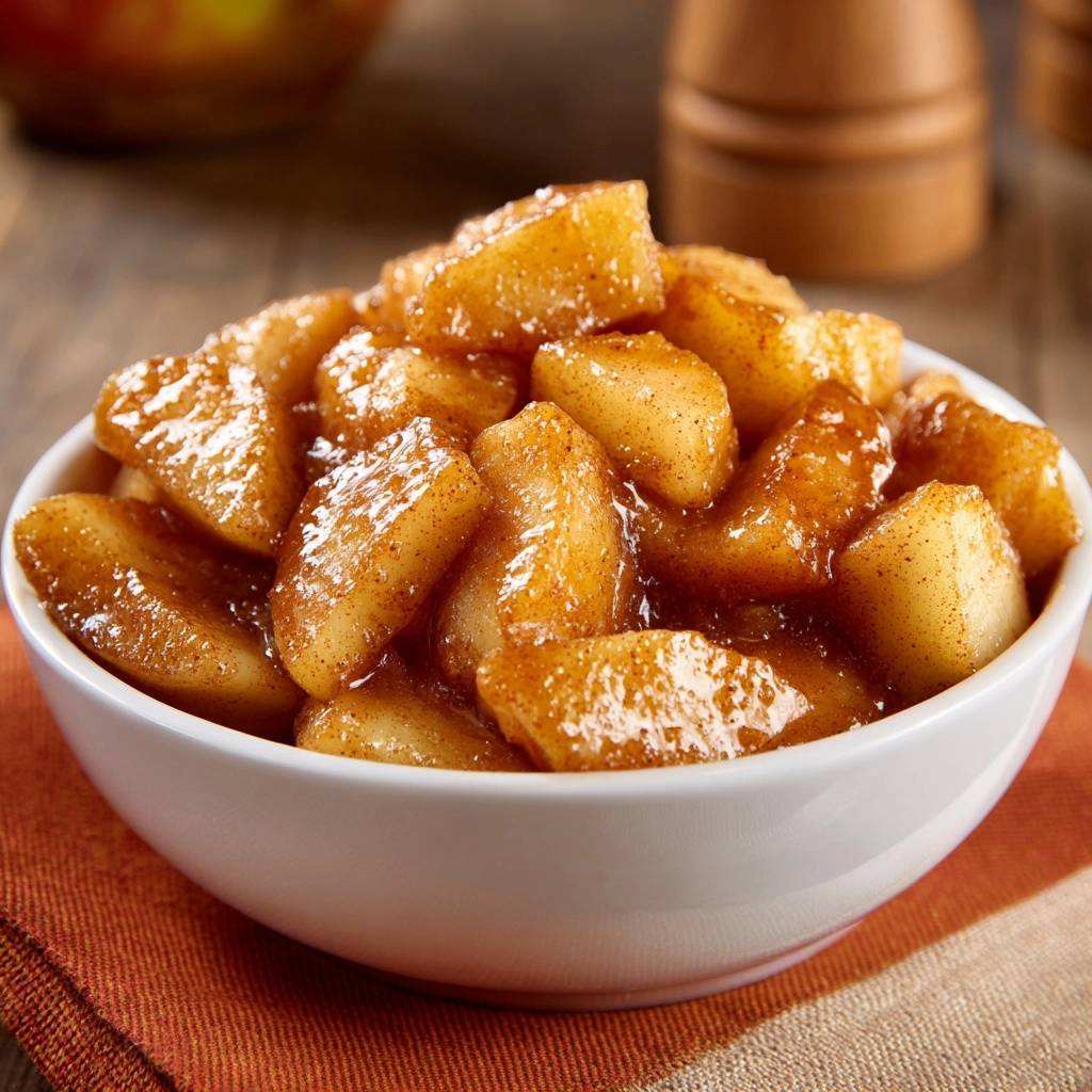 Southern style skillet cinnamon apples served in a white bowl, a close-up view showing the glistening texture and spices.