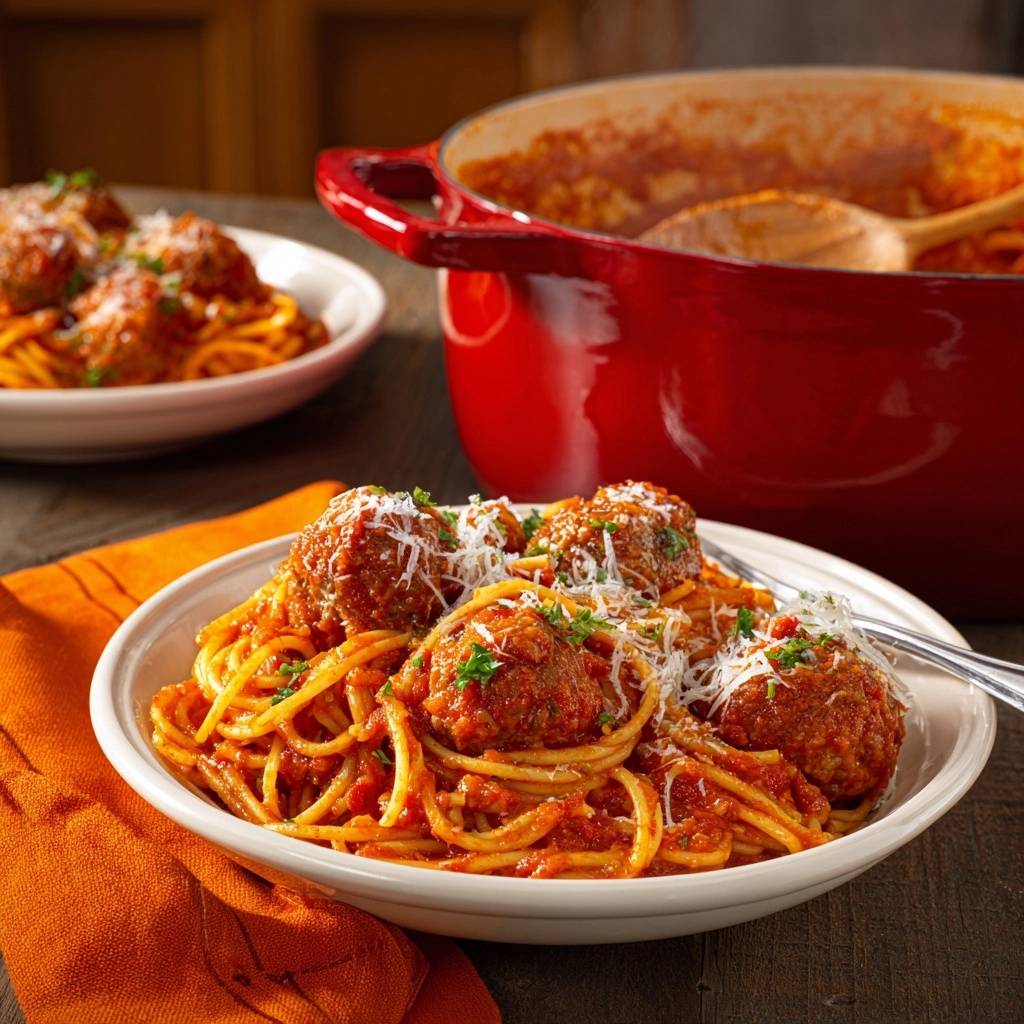 Classic spaghetti and meatballs served in a white bowl with a close-up view of the tender meatballs and rich sauce.