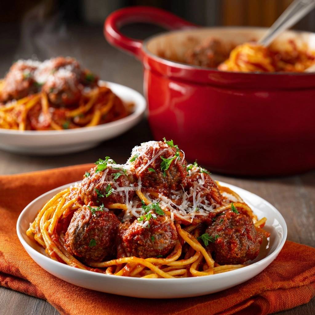 Classic spaghetti and meatballs served in a white bowl with a generous portion of meatballs and marinara sauce.