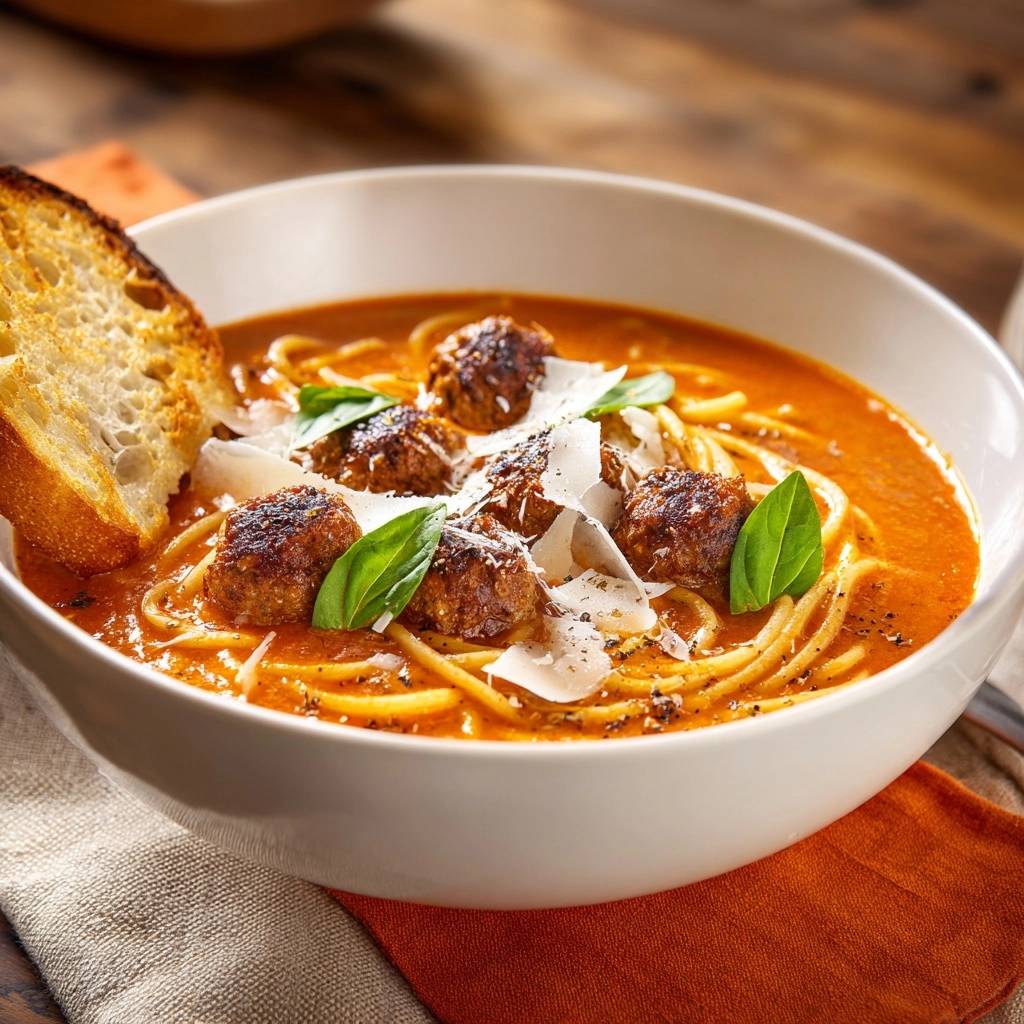 Spaghetti meatball soup with juicy meatballs and spaghetti in a creamy tomato broth, served in a white bowl with a slice of bread.