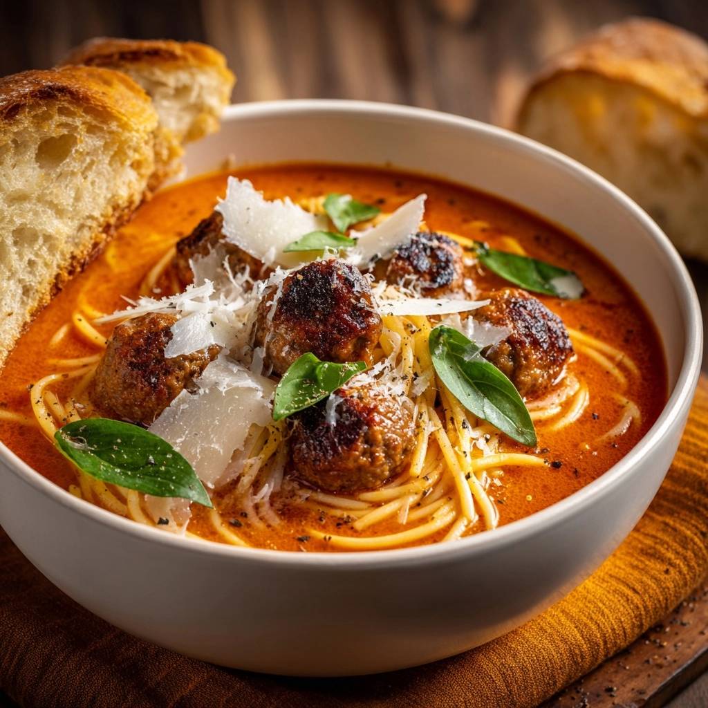 Spaghetti meatball soup featuring juicy meatballs in a creamy tomato broth, served in a white bowl with crusty bread.