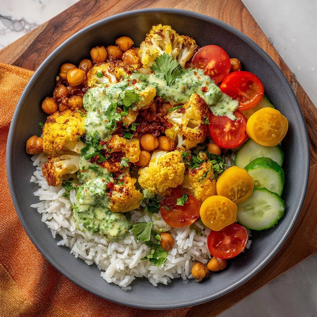 Spiced cauliflower chickpea rice bowl with crispy florets shown from an overhead view with a creamy green drizzle and fresh vegetables.