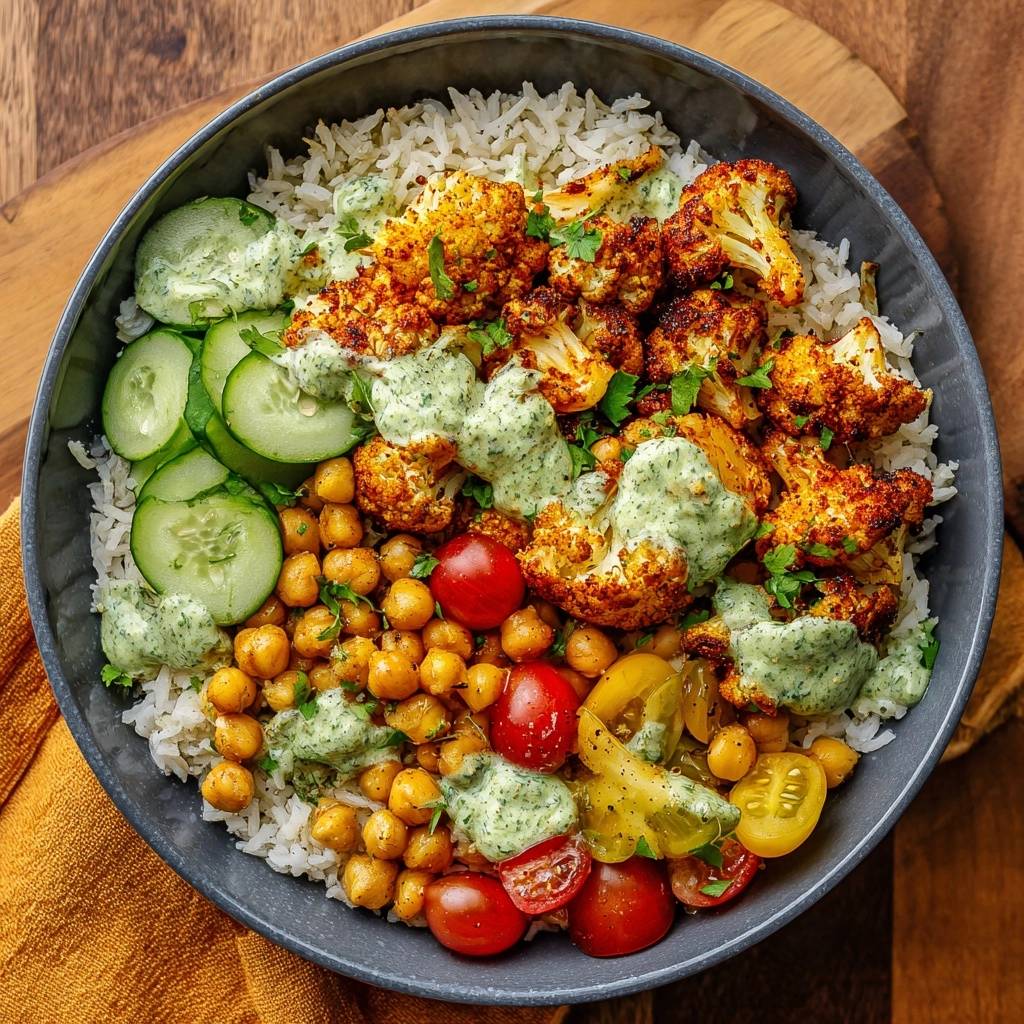 Spiced cauliflower chickpea rice bowl with crispy florets shown in a full overhead view in a dark bowl.