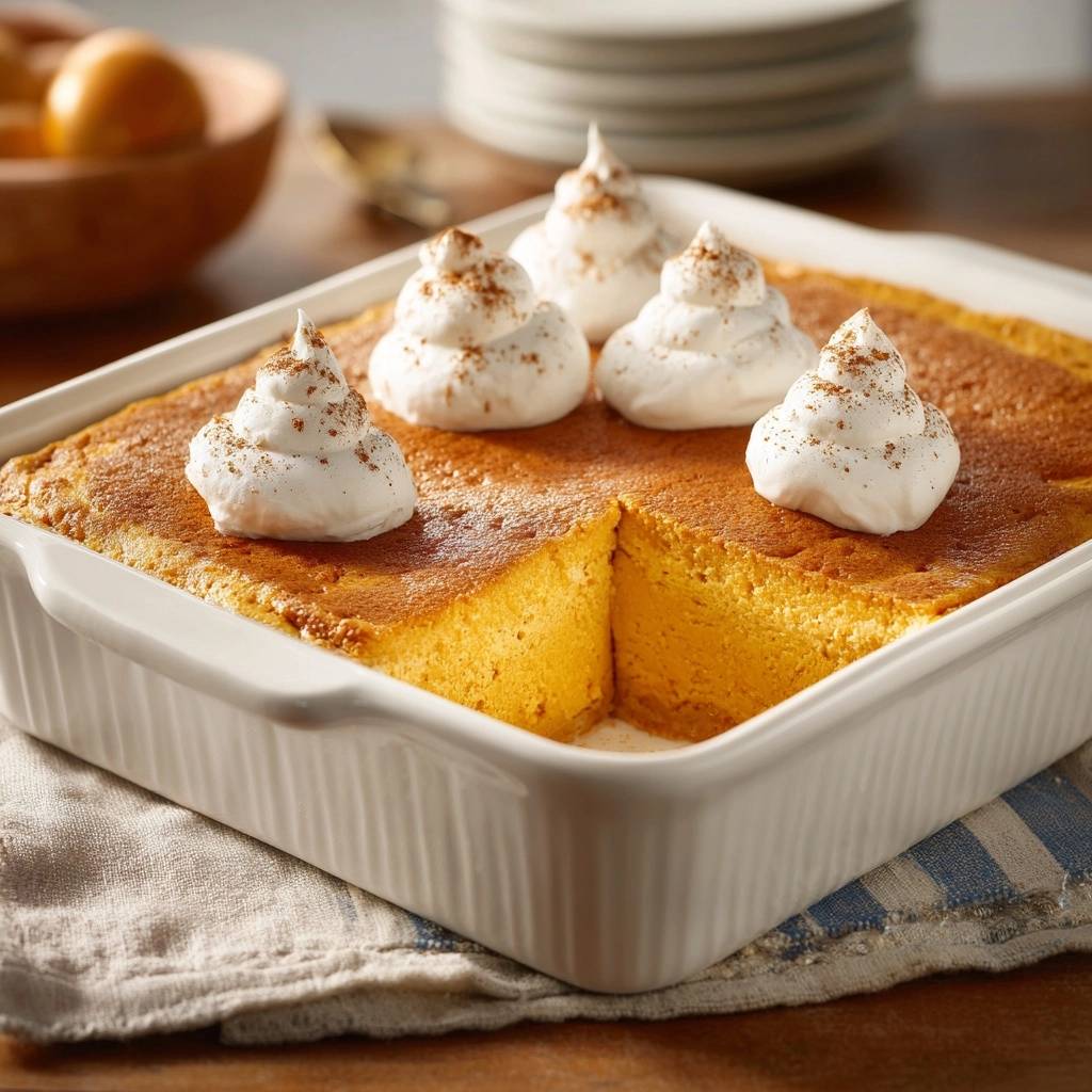 Spiced pumpkin custard cake topped with whipped cream and cinnamon, with a slice removed showing the interior.