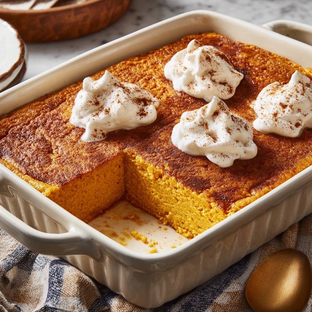 Spiced pumpkin custard cake with whipped topping and cinnamon in a white baking dish, with a slice removed.