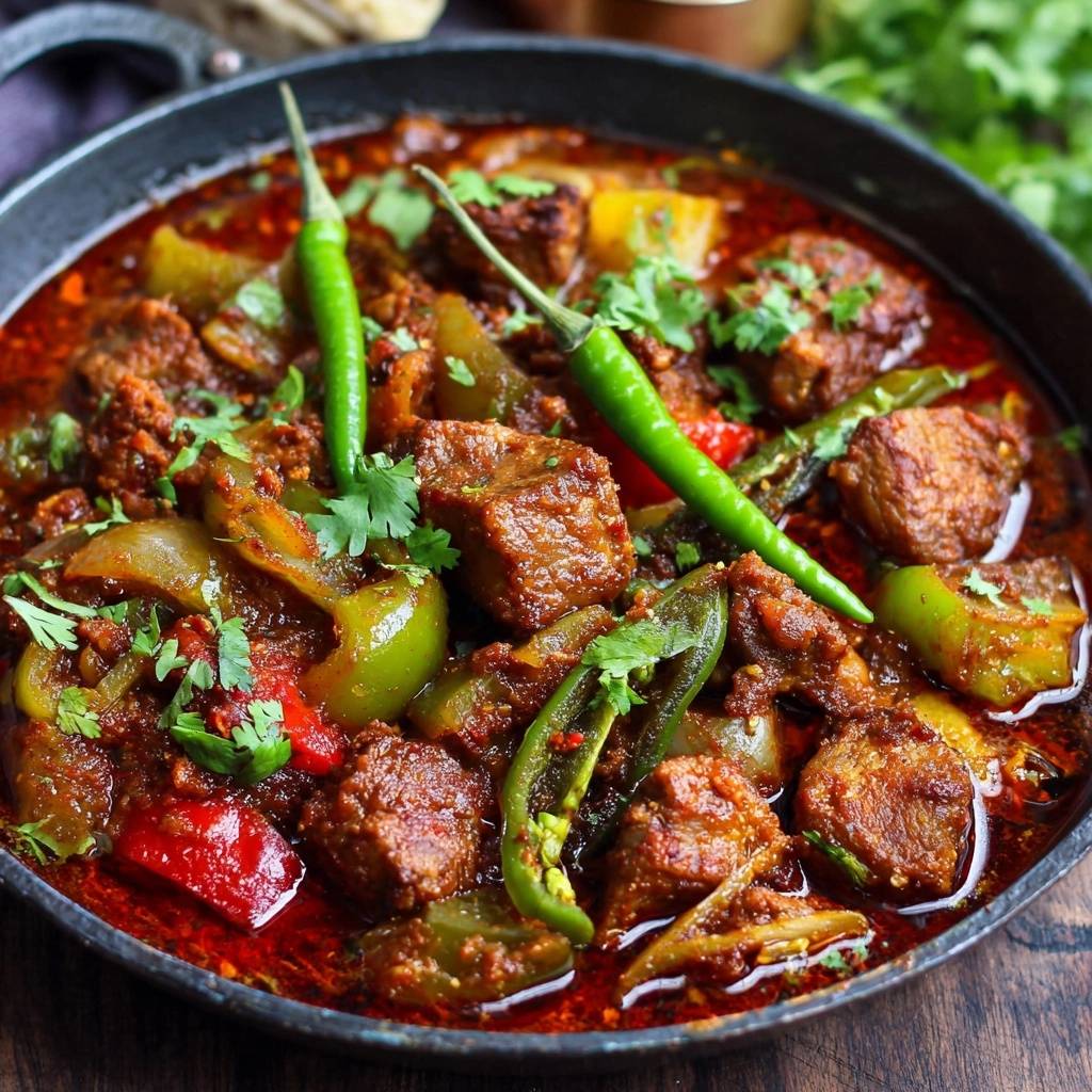 Spicy Bell Pepper Beef Karahi featuring tender beef chunks and vibrant bell peppers, garnished with fresh cilantro and green chilies.