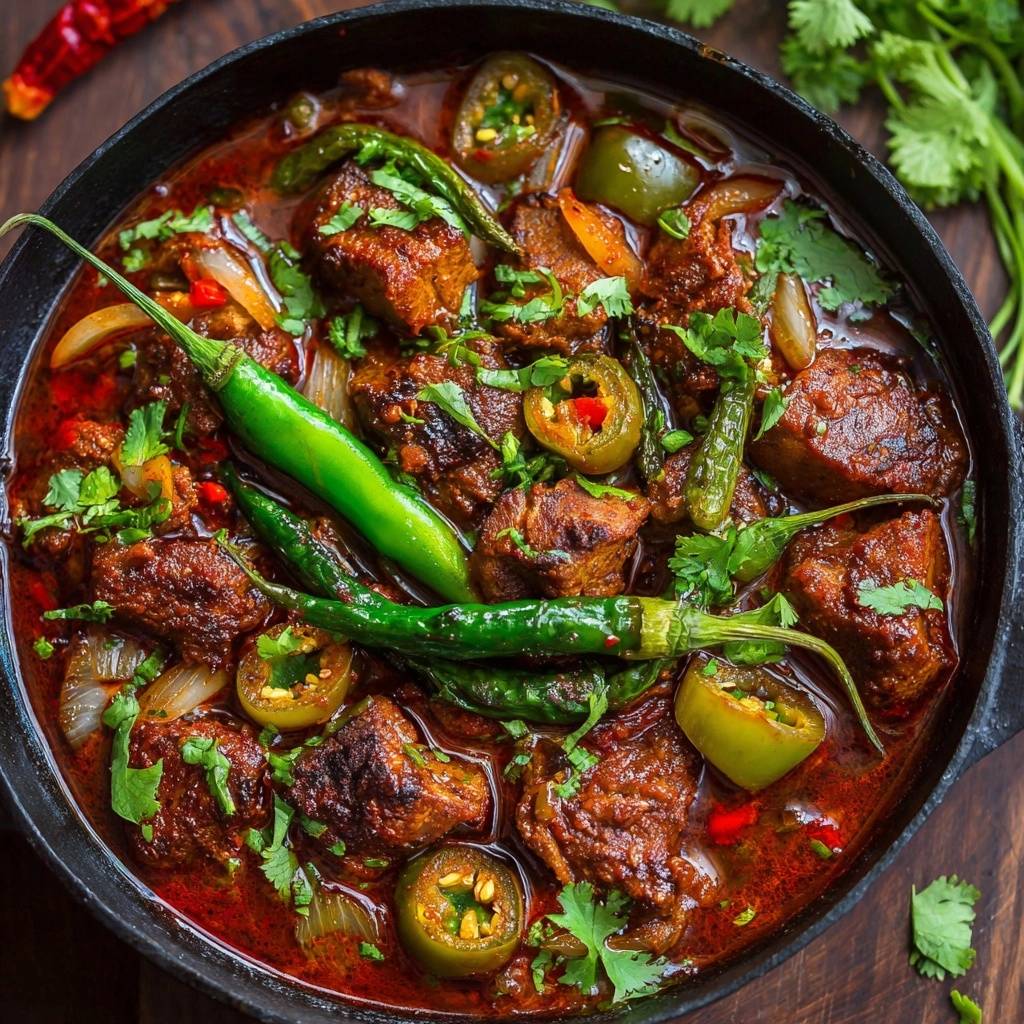 Spicy Bell Pepper Beef Karahi served in a black pan, featuring tender beef chunks and whole green chilies.