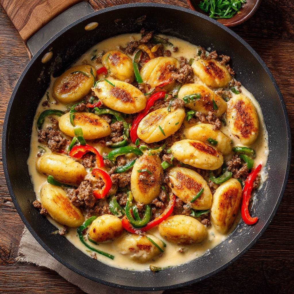 Spicy creamy beef gnocchi skillet shown in a close-up overhead view, with gnocchi, ground beef, and peppers in a creamy sauce.