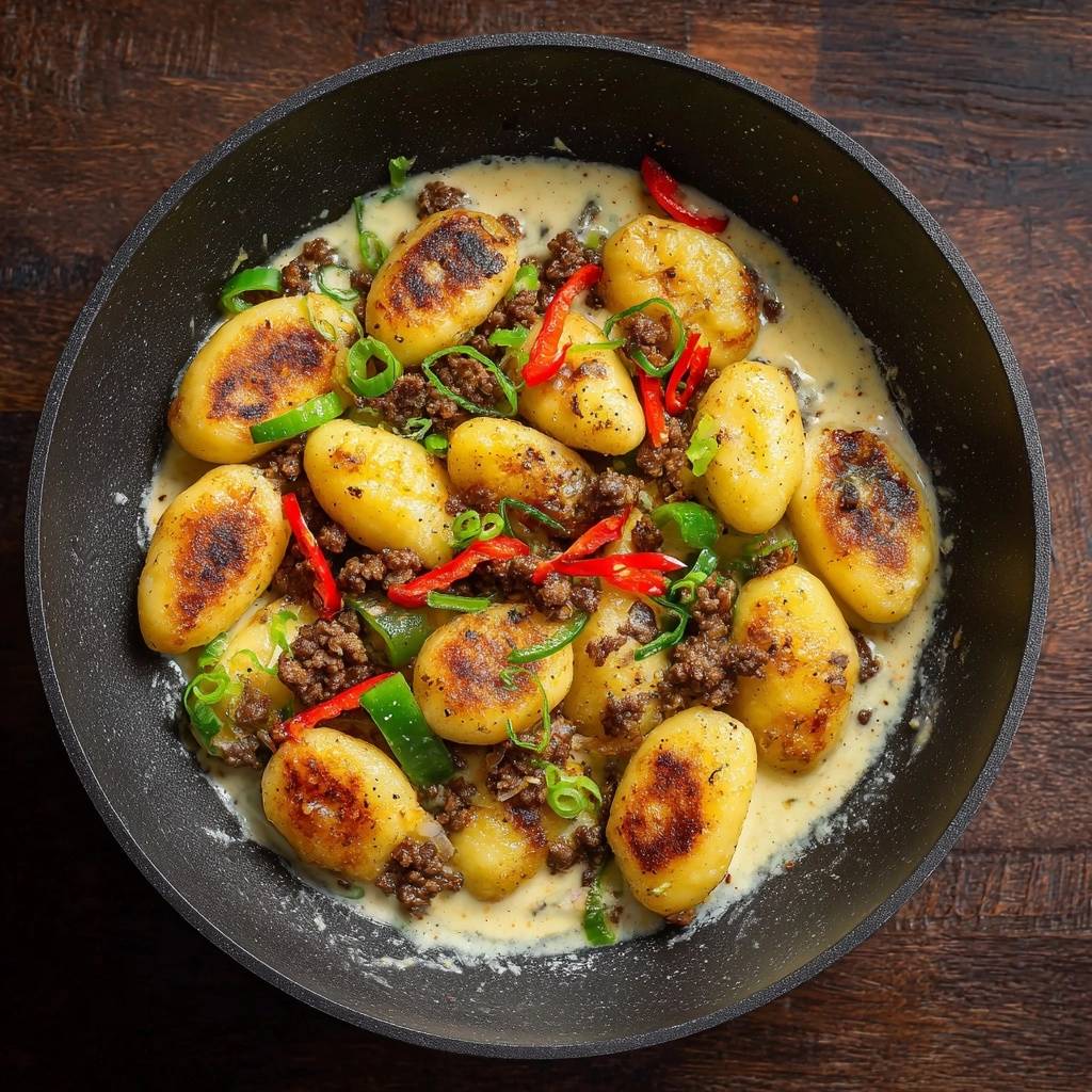 Spicy creamy beef gnocchi skillet served in a pan, presented in a detailed overhead view with chili and green onion garnishes.