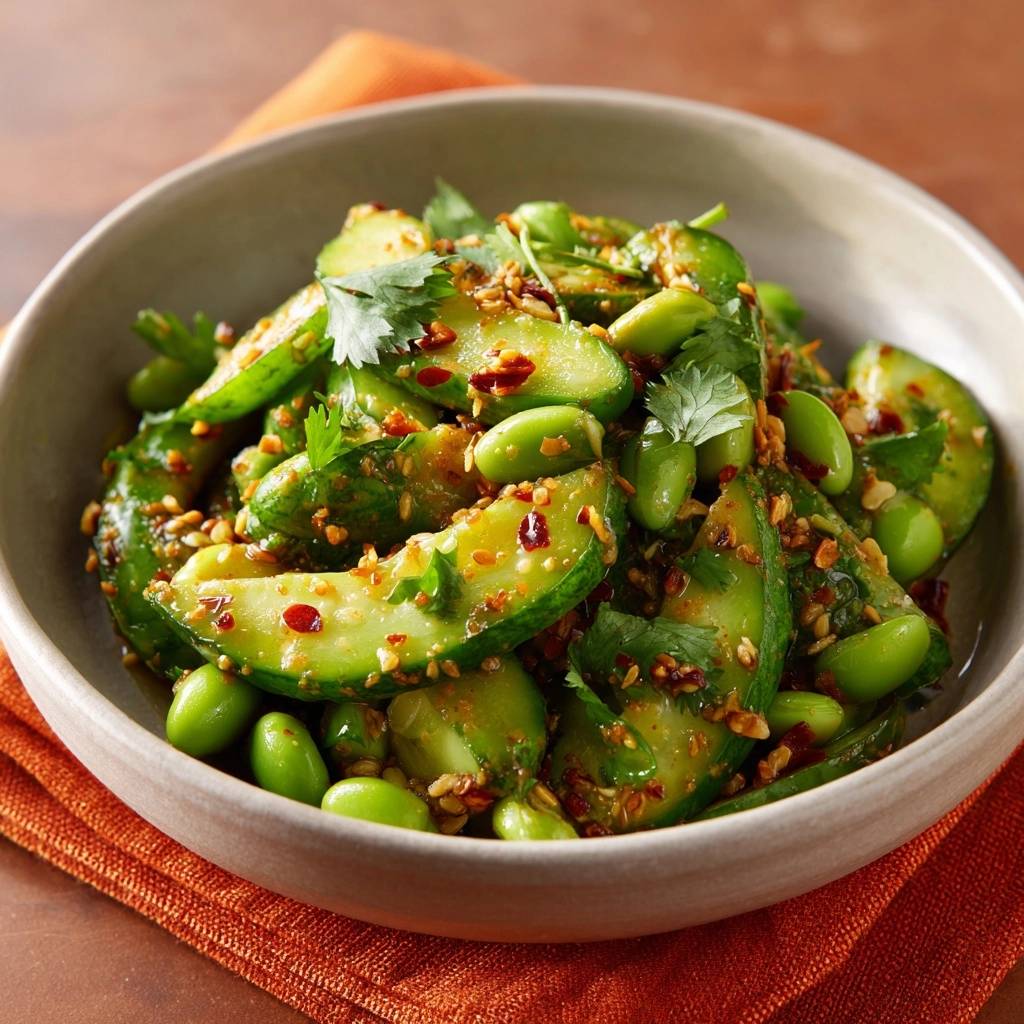 Spicy cucumber edamame salad with a close-up view of sliced cucumbers, edamame, and chili flakes in a bowl.