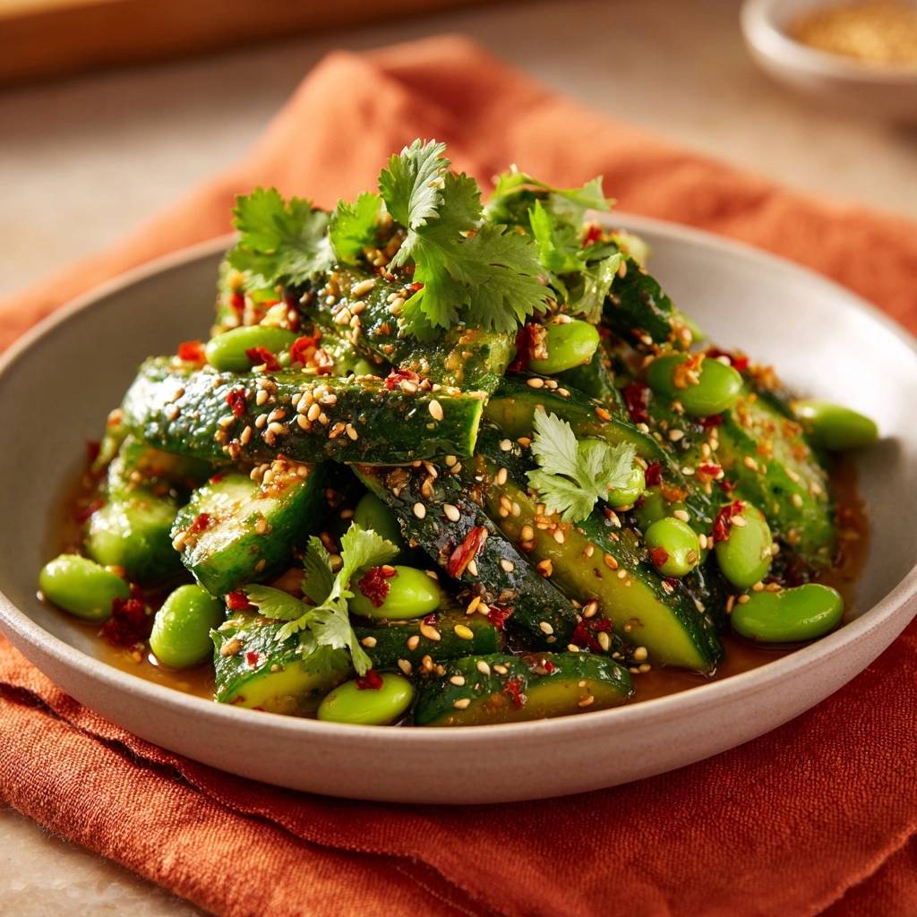 Spicy cucumber edamame salad garnished with cilantro and sesame seeds in a bowl.