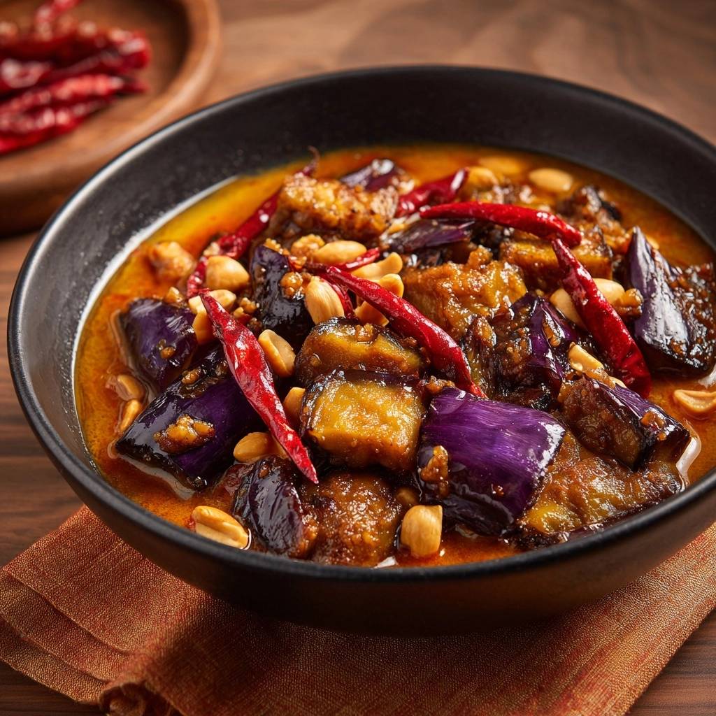 Spicy Peanut Eggplant Curry served in a black bowl, showcasing plump purple eggplant chunks, red chilies, and peanuts.