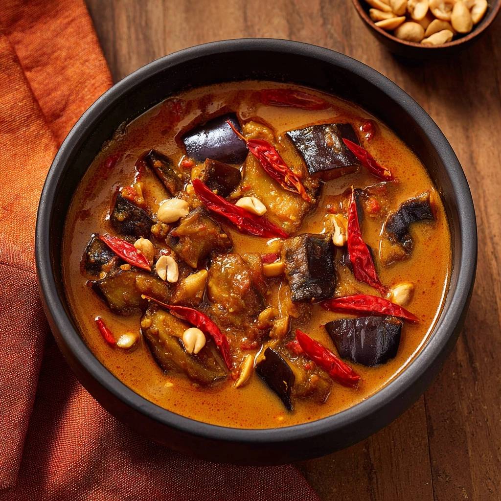 Spicy Peanut Eggplant Curry in a black bowl, featuring tender eggplant chunks, red chilies, and peanuts in a rich sauce.