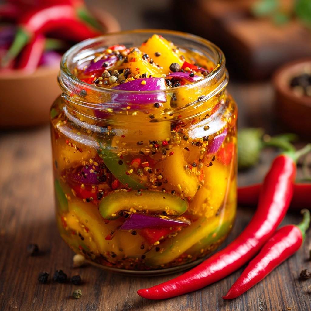 Spicy pickled mango and red onion in a jar, featuring a close-up view of the colorful ingredients and spices.