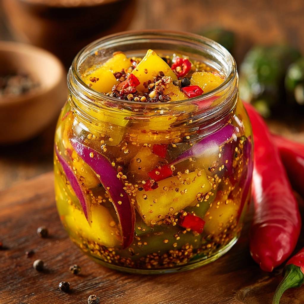 Spicy pickled mango and red onion in a jar, showcasing the colorful ingredients and pickling brine.