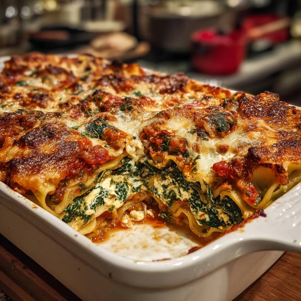 Spinach beef lasagna with no-soggy layers, showing a close-up cross-section of the cheesy layers.