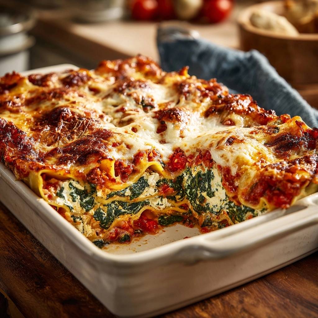 Spinach beef lasagna with no-soggy layers, shown in a close-up cross-section revealing its layered interior.
