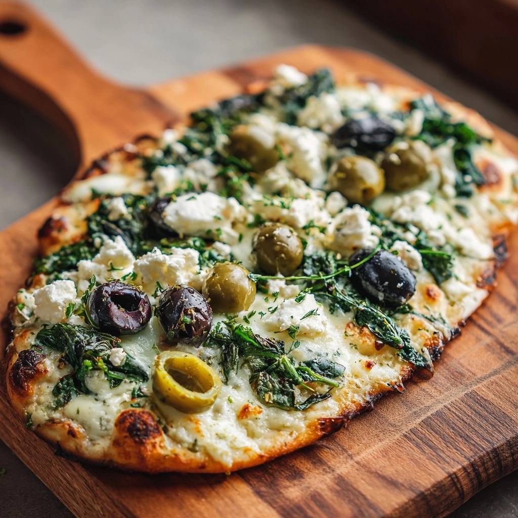 Spinach feta olive flatbread with a close-up view of the toppings and golden-brown crust.