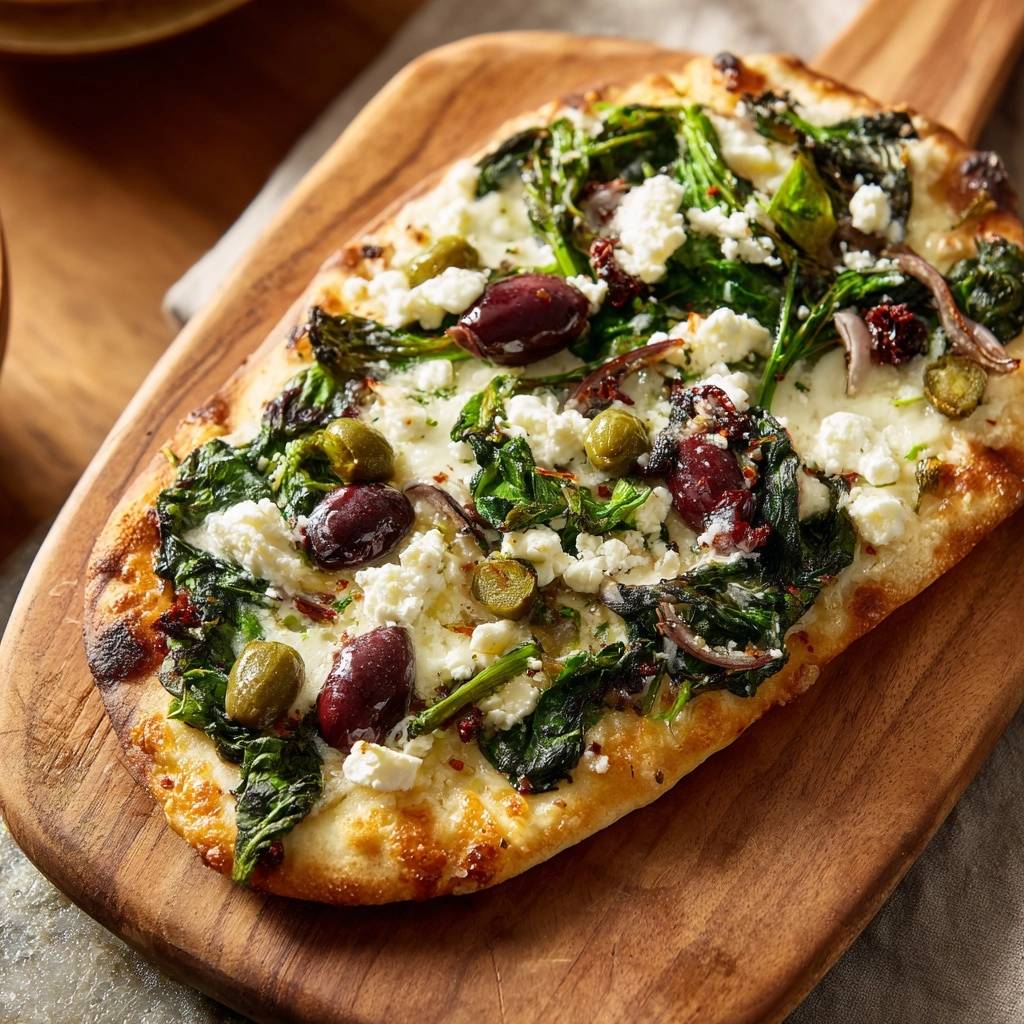 Spinach feta olive flatbread with a close-up view of the toppings and melted cheese on a wooden board.