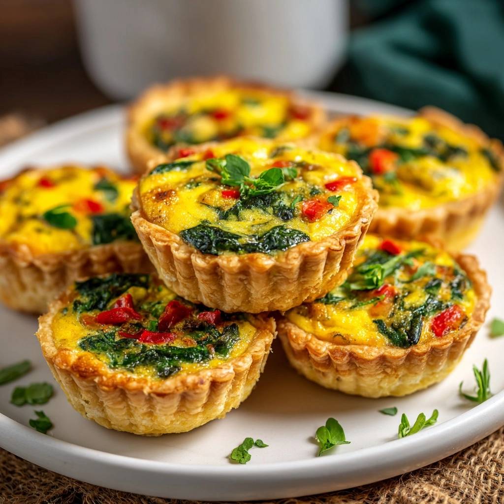 Spinach pepper mini quiches with crisp crusts stacked on a white plate, garnished with fresh herbs.