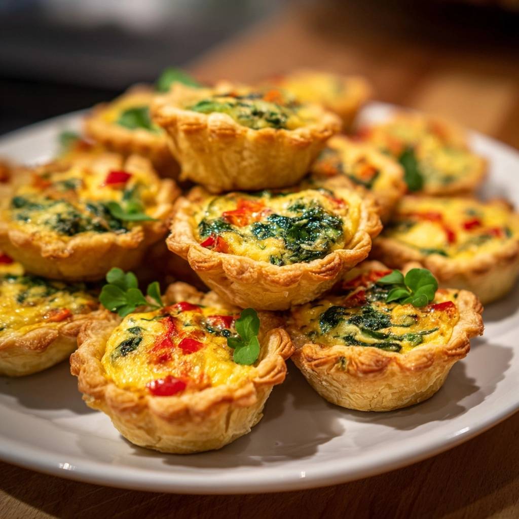 Spinach pepper mini quiches stacked on a white plate, showcasing their golden pastry and colorful filling.