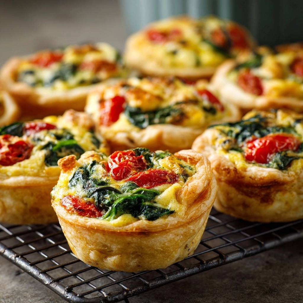Spinach sun-dried tomato mini quiches cooling on a wire rack, showcasing their golden crust and savory filling.