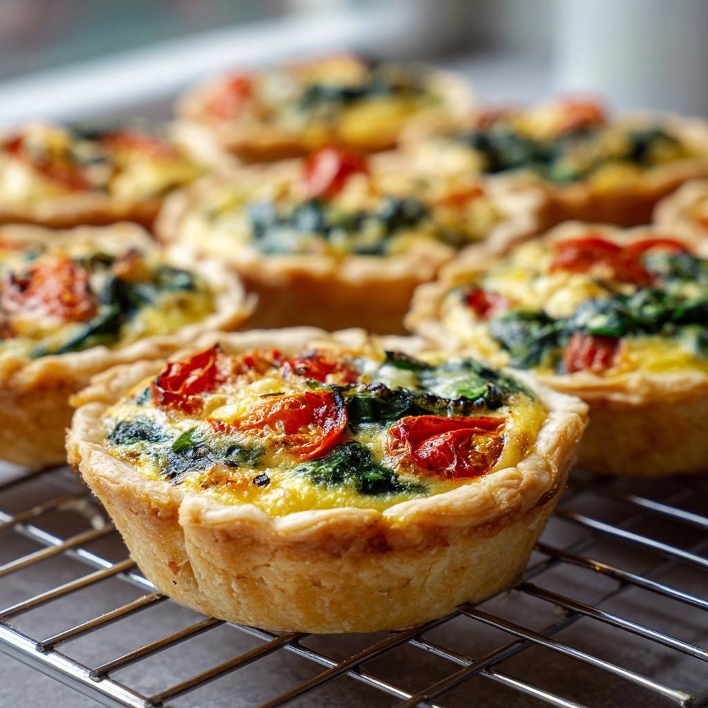 Spinach sun-dried tomato mini quiches cooling on a wire rack, showcasing their golden crusts and vibrant fillings.