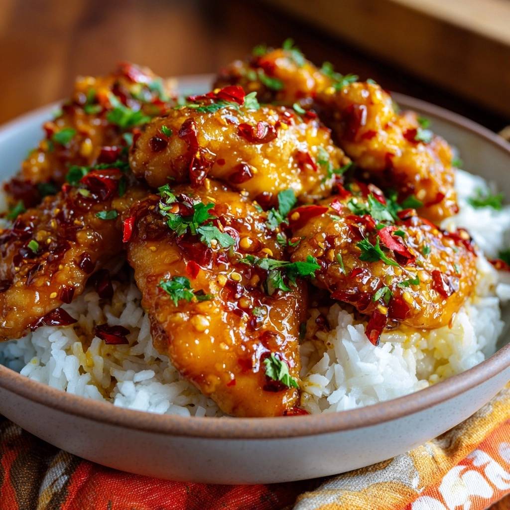 Sticky chili chicken rice bowl featuring a close-up on the glistening, spicy glaze and fresh cilantro garnish.
