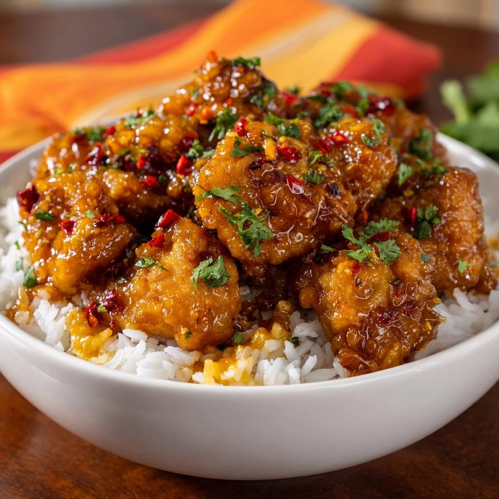 Sticky chili chicken rice bowl recipe, showing a close-up view of the glistening chicken with fresh cilantro and chili flake garnish.