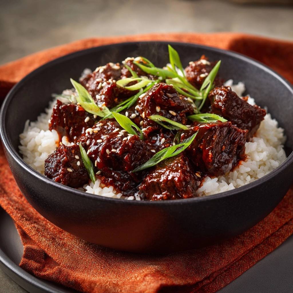 Sticky Korean beef rice bowl recipe shown in a close-up view, highlighting the glazed beef, white rice, and fresh scallion garnish.