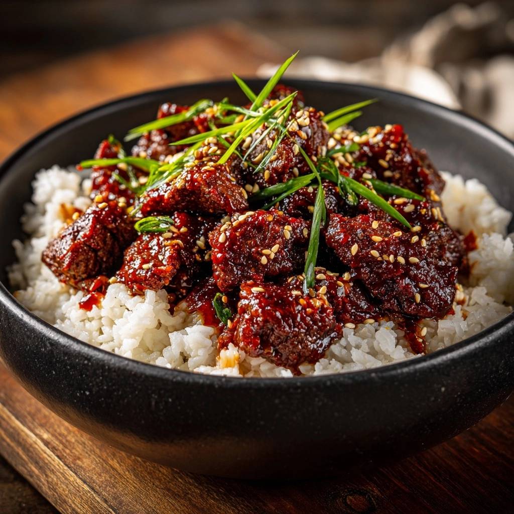 Sticky Korean beef rice bowl recipe shown in a close-up view with a glossy glaze and fresh green onion garnish.