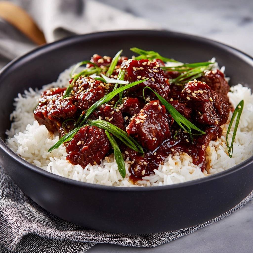 Sticky Korean beef rice bowl recipe shown close-up with a generous garnish of fresh green onions and sesame seeds.