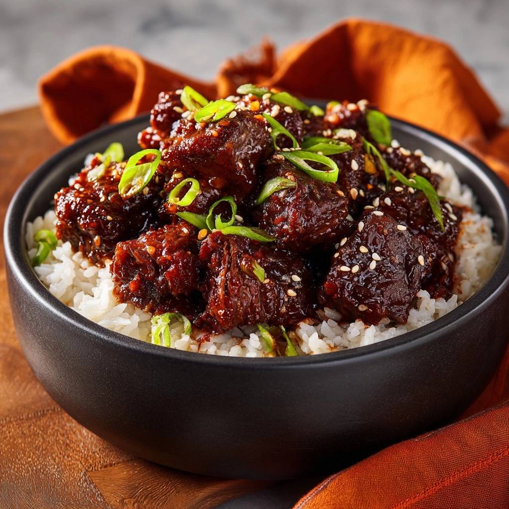 Sticky Korean beef rice bowl garnished with sesame seeds and green onions, shown in a close-up detail.