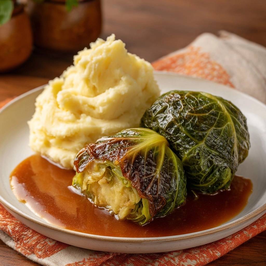 Juicy stuffed cabbage rolls with a cross-section showing the filling, plated with mashed potatoes and gravy.