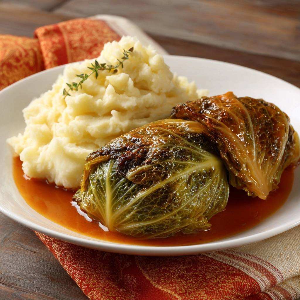 Juicy stuffed cabbage rolls plated with mashed potatoes and a rich sauce, garnished with fresh thyme.