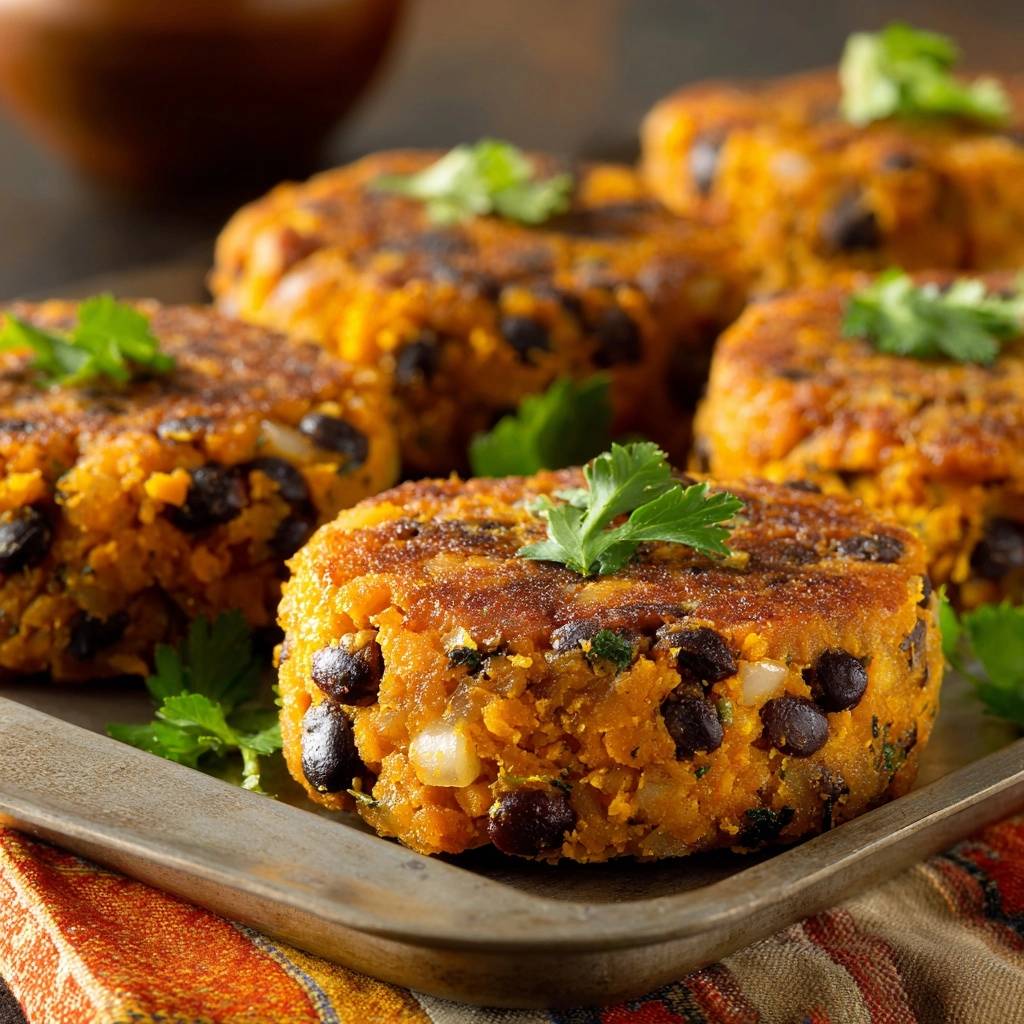 Crispy sweet potato black bean patties arranged on a tray, garnished with fresh cilantro.