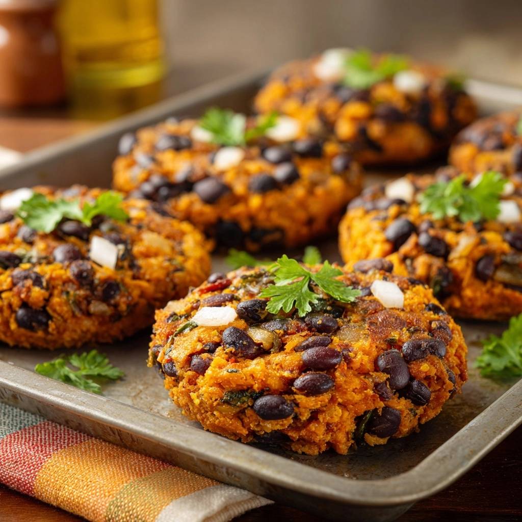 Crispy sweet potato black bean patties garnished with cilantro and white onion on a baking sheet.