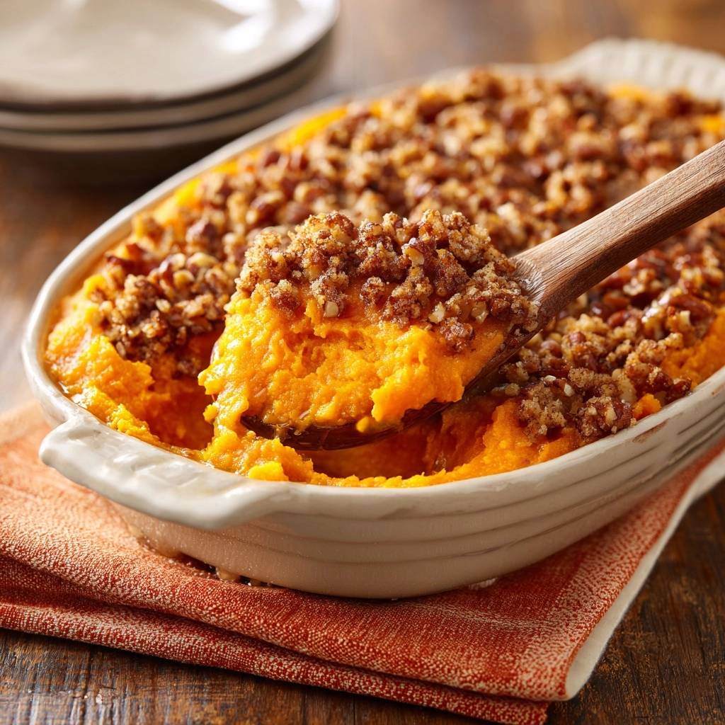 Sweet Potato Pecan Crunch Casserole with a spoonful being lifted, showing the topping and orange filling.