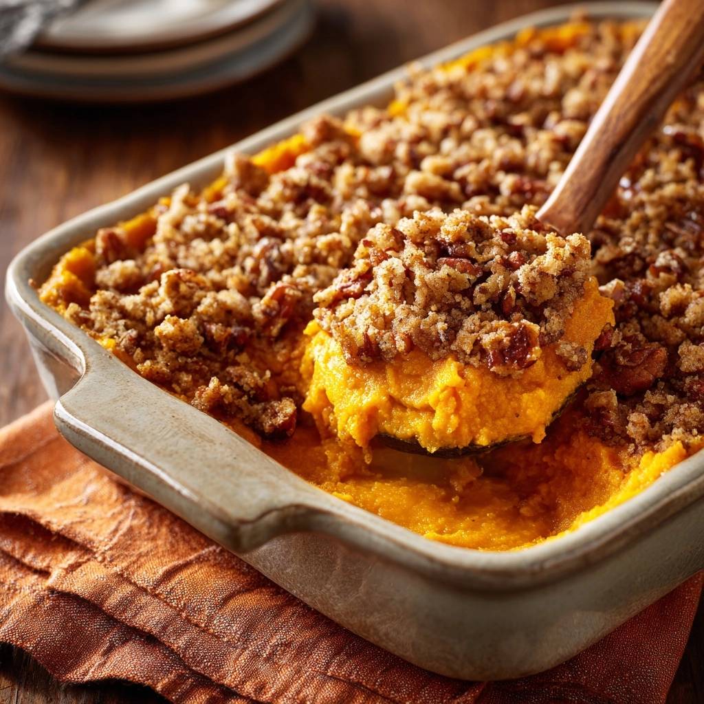 Sweet Potato Pecan Crunch Casserole, with a wooden spoon scooping a generous portion out of the baking dish.