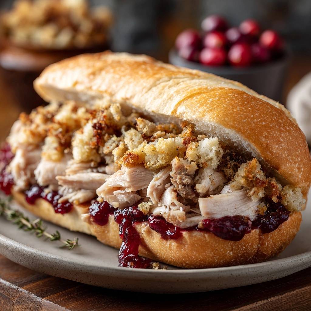 Thanksgiving turkey stuffing sandwich, a close-up cross-section revealing layers of shredded turkey, stuffing, and cranberry sauce on a baguette.
