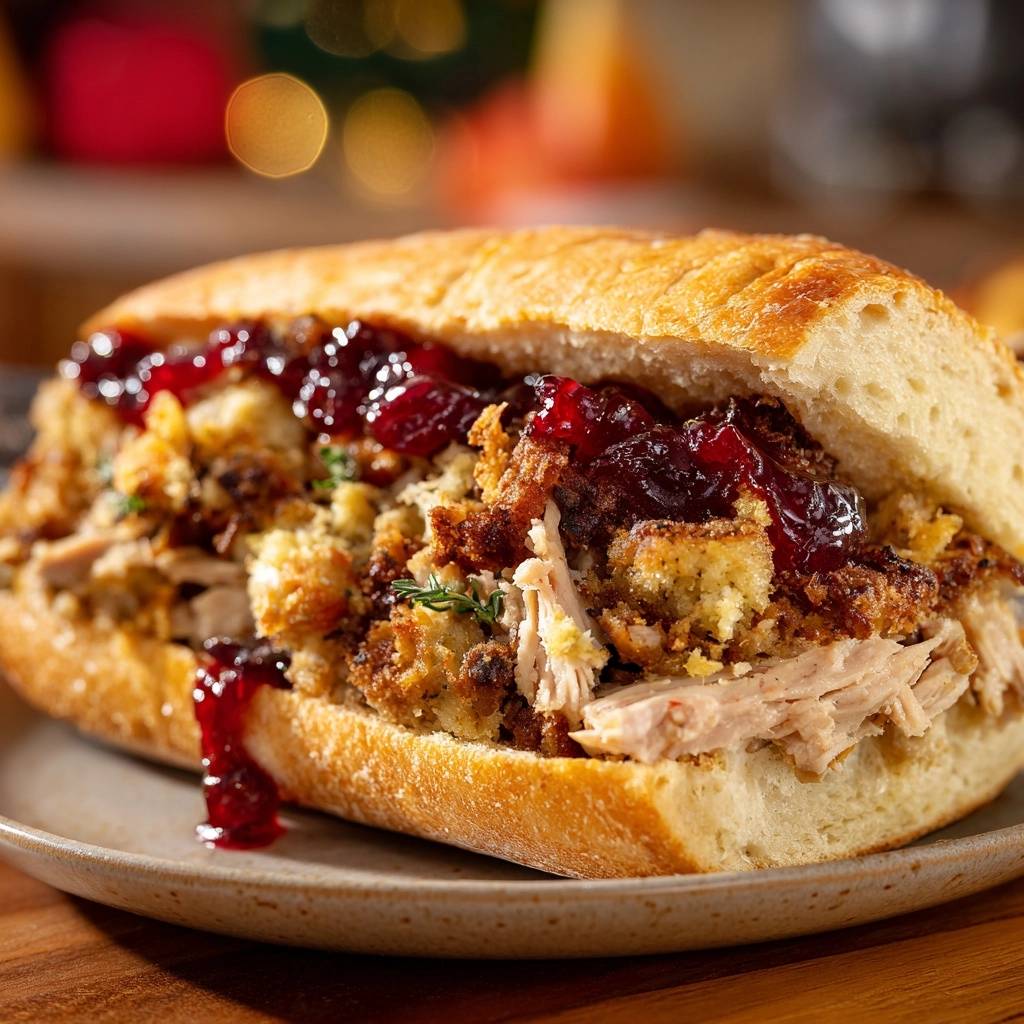 Thanksgiving turkey stuffing sandwich with a generous cranberry drizzle, shown in a close-up view on a plate.