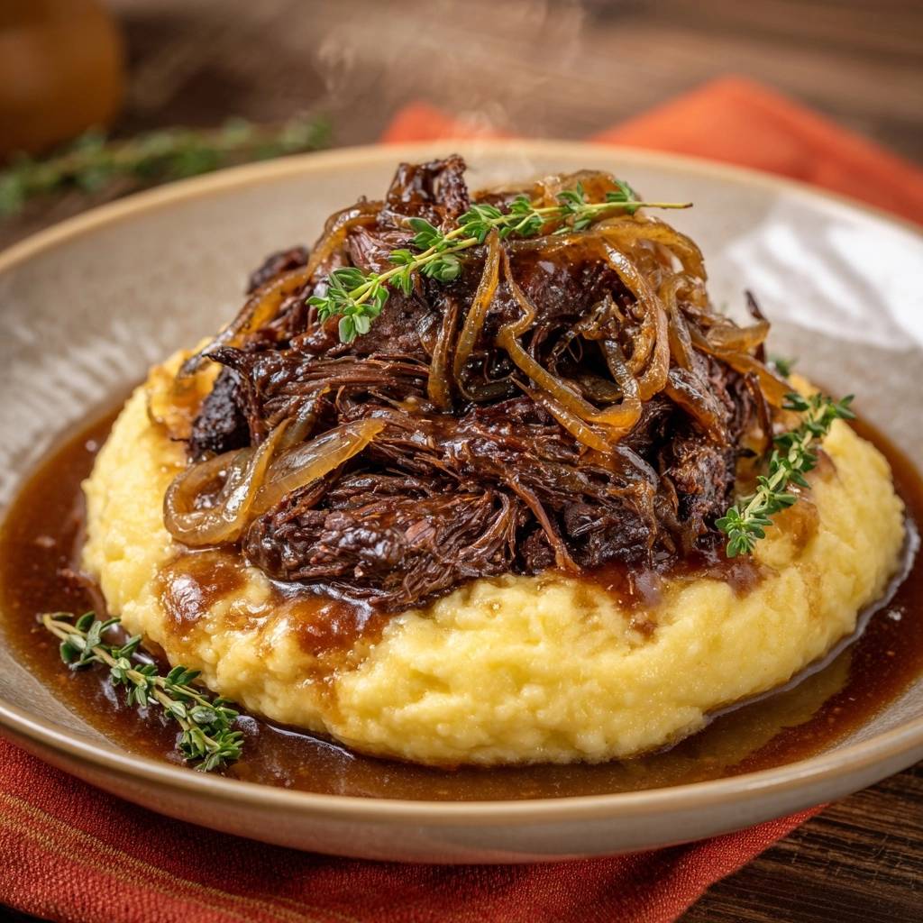 Thyme-braised beef with caramelized onions over creamy polenta, with steam rising from the rich sauce in a close-up bowl view.