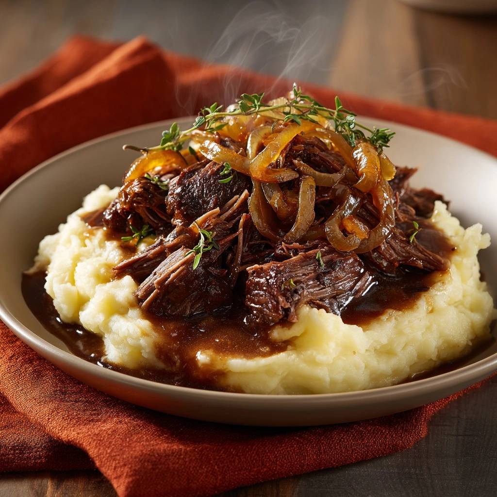 Thyme-braised beef with caramelized onions steaming over mashed potatoes, presented in a bowl with a rustic napkin.