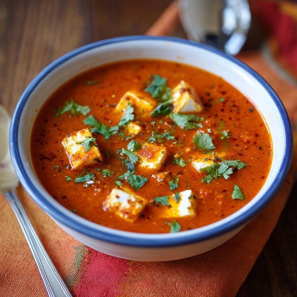 Tomato paneer curry in a bowl, featuring soft paneer cubes and fresh cilantro garnish, presented in a close-up view.