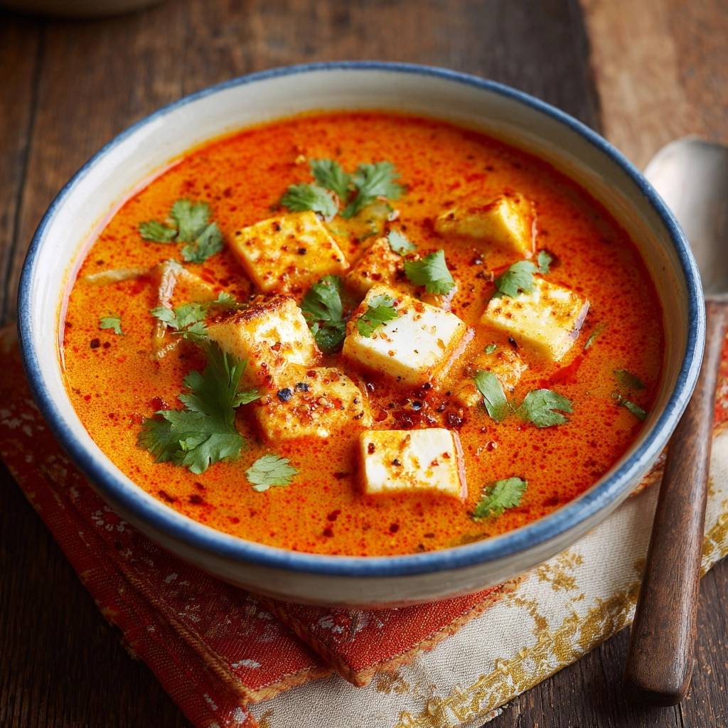 Tomato paneer curry features soft, golden paneer cubes swimming in a rich, orange gravy, garnished with cilantro.